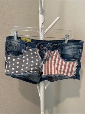 Machine Women's Denim Shorts with Red, White & Blue Flag Patches